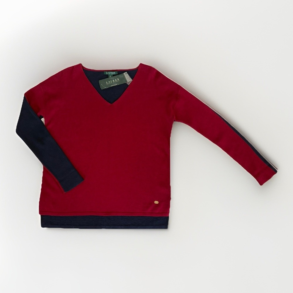 Lauren Ralph Lauren Top Linen Blend V-Neck Long Sleeve Womens Burgundy/Blue NWT